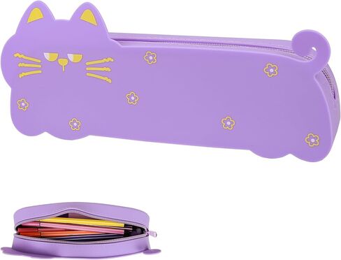Cat Shaped Silicone Pencil Case - Aesthetic Purple Pen Holder for Artists & Office, Resilient Water-Repellent Travel Organizer, Cute Soft Pouch with Cleaning Cloth in Saudi Arabia