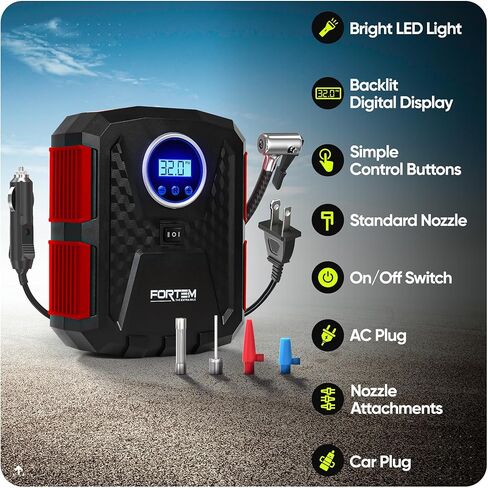 FORTEM Tire Inflator Portable Air Compressor, Air Pump for Car Tires and Bikes, Car Tire Pump w/Auto Shut Off, 150 PSI, 110V AC 12V DC, LED Light, Carrying Case, Perfect for Men, Women in Kuwait