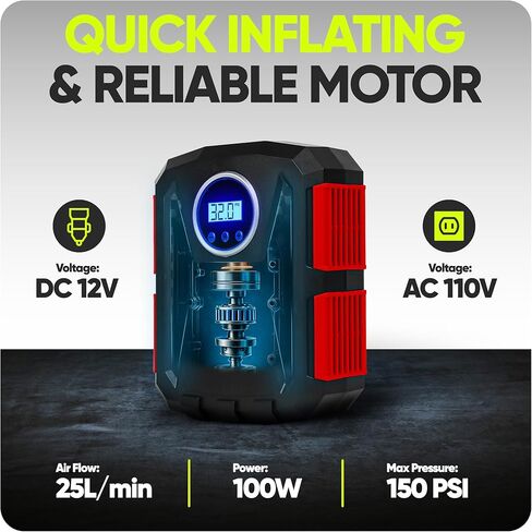 FORTEM Tire Inflator Portable Air Compressor, Air Pump for Car Tires and Bikes, Car Tire Pump w/Auto Shut Off, 150 PSI, 110V AC 12V DC, LED Light, Carrying Case, Perfect for Men, Women in Kuwait