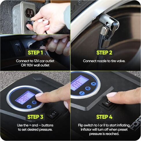 FORTEM Tire Inflator Portable Air Compressor, Air Pump for Car Tires and Bikes, Car Tire Pump w/Auto Shut Off, 150 PSI, 110V AC 12V DC, LED Light, Carrying Case, Perfect for Men, Women in Kuwait