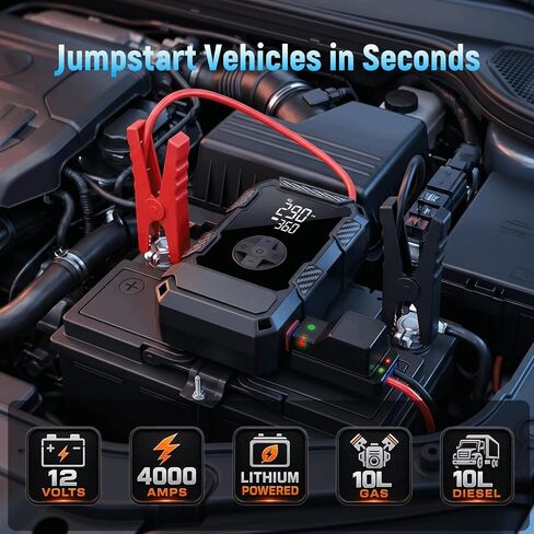 4000A Car Jumper Starter Portable with Air Compressor, 12V Battery Jump Starter with Tire Pump 150PSI for 10L Gas Diesel Engines, Car Battery Jumper Pack Combo with LED Light, Auto Shutoff in Saudi Arabia
