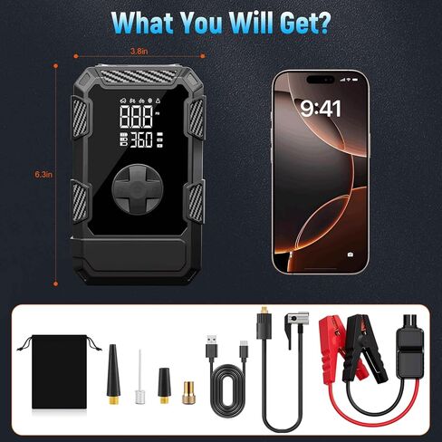 4000A Car Jumper Starter Portable with Air Compressor, 12V Battery Jump Starter with Tire Pump 150PSI for 10L Gas Diesel Engines, Car Battery Jumper Pack Combo with LED Light, Auto Shutoff in Saudi Arabia