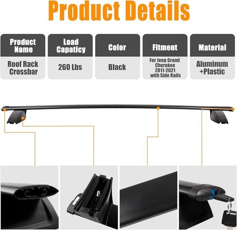 Locking Roof Rack Cross Bars for 2011-2021 Jeep Grand Cherokee with Grooved Side Rails, 260LB Heavy Duty Aluminum Cargo Bars, Anti-Theft Roof Rail Crossbars (Black) in Saudi Arabia