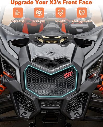 شواية حديد أمامية مع شعار X3 لملحقات Can-Am Maverick X3 XDS XRS MAX Turbo RR 2017-2025، لوحة شبكية معدنية مجلفنة جديدة سوداء اللون قابلة للتحريك، مثبتة بمسامير in Kuwait