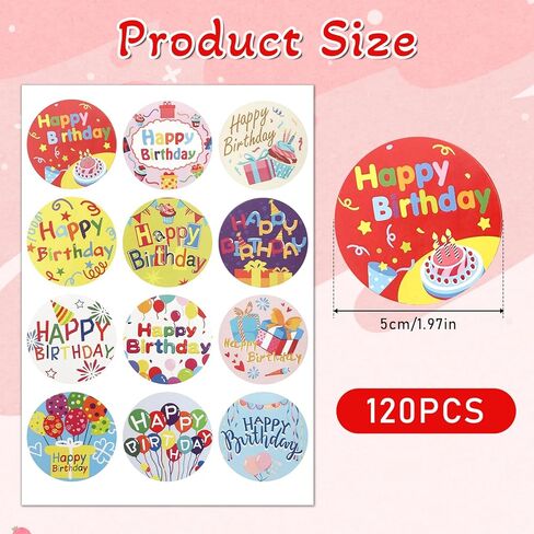 Happy Birthday Stickers 120 Pcs 2" Colorful Happy Birthday Stickers Round Self Adhesive Seal Label Sticker for Cards, Envelopes, Gift Wrapping (12 Styles) in Kuwait