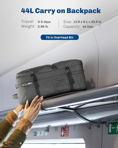 حقيبة ظهر Hynes Eagle 44L تحمل على الظهر معتمدة من شركة الطيران للرجال والنساء حقيبة ظهر كبيرة للكمبيوتر المحمول مقاس 17 بوصة من النايلون حقيبة ظهر ليلية لعطلة نهاية الأسبوع باللون الرمادي in Kuwait