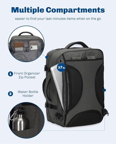 حقيبة ظهر Hynes Eagle 44L تحمل على الظهر معتمدة من شركة الطيران للرجال والنساء حقيبة ظهر كبيرة للكمبيوتر المحمول مقاس 17 بوصة من النايلون حقيبة ظهر ليلية لعطلة نهاية الأسبوع باللون الرمادي in Kuwait
