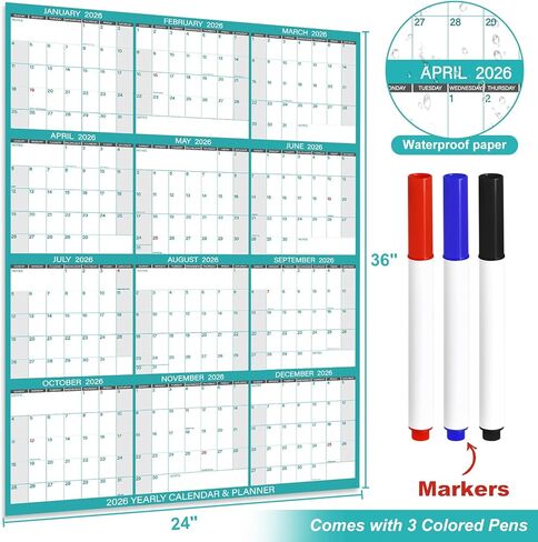 24" x 36" 2025 Yearly Large Wall Calendar - with 3 Pack Fineliner Color Pens,12 Months Annual Yearly Planner Calendar 2025, Erasable Wet & Dry, Reusable 2-Sided Horizontal (Blue) in Saudi Arabia