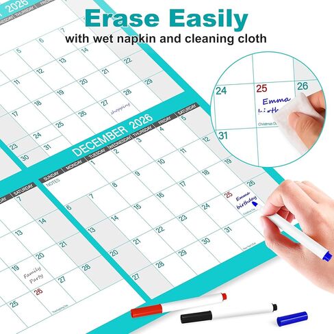 24" x 36" 2025 Yearly Large Wall Calendar - with 3 Pack Fineliner Color Pens,12 Months Annual Yearly Planner Calendar 2025, Erasable Wet & Dry, Reusable 2-Sided Horizontal (Blue) in Saudi Arabia