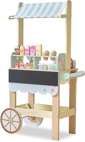Teamson Kids Jolly Pals Ice Cream Stand with 33 Accessories Including Ice Cream Flavors & Fridge Storage, Natural/Mint Green Pretend Play Cart with Rolling Wheels, Durable and Safe for Kids Ages 3+ in Saudi Arabia
