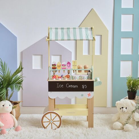 Teamson Kids Jolly Pals Ice Cream Stand with 33 Accessories Including Ice Cream Flavors & Fridge Storage, Natural/Mint Green Pretend Play Cart with Rolling Wheels, Durable and Safe for Kids Ages 3+ in Saudi Arabia