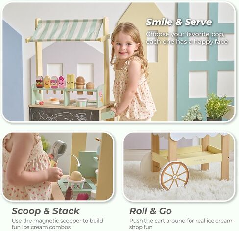 Teamson Kids Jolly Pals Ice Cream Stand with 33 Accessories Including Ice Cream Flavors & Fridge Storage, Natural/Mint Green Pretend Play Cart with Rolling Wheels, Durable and Safe for Kids Ages 3+ in Saudi Arabia
