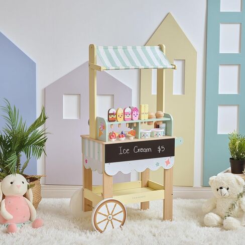 Teamson Kids Jolly Pals Ice Cream Stand with 33 Accessories Including Ice Cream Flavors & Fridge Storage, Natural/Mint Green Pretend Play Cart with Rolling Wheels, Durable and Safe for Kids Ages 3+ in Saudi Arabia