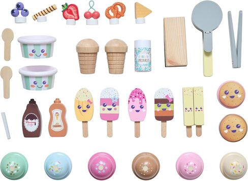 Teamson Kids Jolly Pals Ice Cream Stand with 33 Accessories Including Ice Cream Flavors & Fridge Storage, Natural/Mint Green Pretend Play Cart with Rolling Wheels, Durable and Safe for Kids Ages 3+ in Saudi Arabia