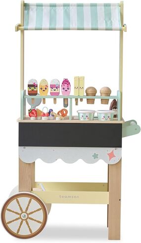 Teamson Kids Jolly Pals Ice Cream Stand with 33 Accessories Including Ice Cream Flavors & Fridge Storage, Natural/Mint Green Pretend Play Cart with Rolling Wheels, Durable and Safe for Kids Ages 3+ in Saudi Arabia