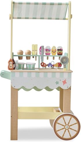 Teamson Kids Jolly Pals Ice Cream Stand with 33 Accessories Including Ice Cream Flavors & Fridge Storage, Natural/Mint Green Pretend Play Cart with Rolling Wheels, Durable and Safe for Kids Ages 3+ in Saudi Arabia