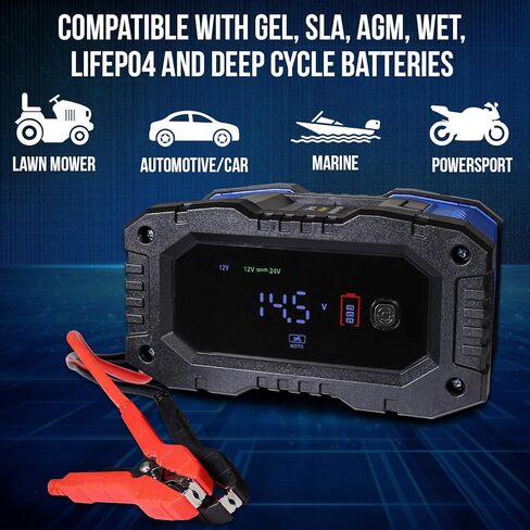 بطارية Mighty Max 12V/24V 10Amp شاحن أوتوماتيكي ذكي وصيانة مع استعادة وإزالة الكبريت ووضع الشتاء للسيارة وRV والقارب والشاحنات والدراجات النارية - ليثيوم، AGM، SLA، جل، رطب، دورة عميقة in Kuwait
