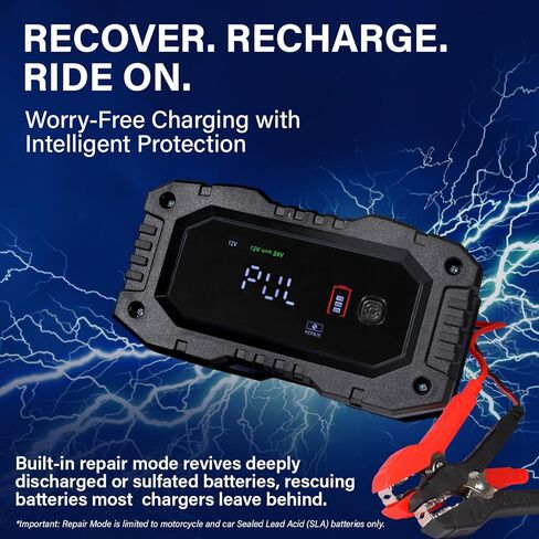 بطارية Mighty Max 12V/24V 10Amp شاحن أوتوماتيكي ذكي وصيانة مع استعادة وإزالة الكبريت ووضع الشتاء للسيارة وRV والقارب والشاحنات والدراجات النارية - ليثيوم، AGM، SLA، جل، رطب، دورة عميقة in Kuwait