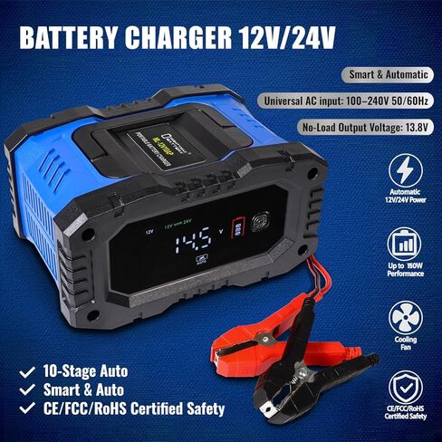بطارية Mighty Max 12V/24V 10Amp شاحن أوتوماتيكي ذكي وصيانة مع استعادة وإزالة الكبريت ووضع الشتاء للسيارة وRV والقارب والشاحنات والدراجات النارية - ليثيوم، AGM، SLA، جل، رطب، دورة عميقة in Kuwait