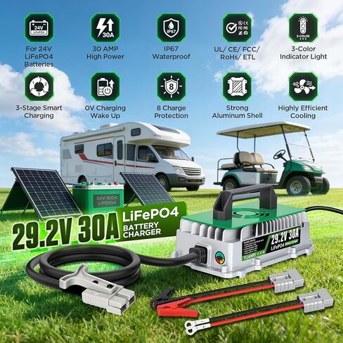 24V 30A Lithium Battery Charger, Smart 29.2V LiFePO4 Charger with 0V Battery Wake-Up, IP67 Waterproof Die-Cast Aluminum, 3-Color Indicator, for Golf Cart, RV, Marine, Solar, UL/ETL Listed in Saudi Arabia