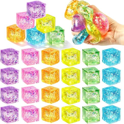 24Pcs Glitter Cube Colorful Sensory Ice Fidget Toys Squeeze Balls Bulk for Anxiety Stress Relief Stress Ball Party Favors Classroom Prizes Gifts for Kids Teens Adults in Saudi Arabia