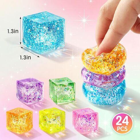 24Pcs Glitter Cube Colorful Sensory Ice Fidget Toys Squeeze Balls Bulk for Anxiety Stress Relief Stress Ball Party Favors Classroom Prizes Gifts for Kids Teens Adults in Saudi Arabia