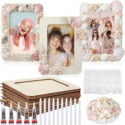 Yousoontic 10 مجموعات DIY إطار الصورة الحرفية كيت ل 4 "× 6" صور غير مكتملة إطارات الصور الحرفية الخشبية مع قذائف اللؤلؤ وأدوات DIY مجموعة الفن هدية للأصدقاء الأسرة الصيف حزب الديكور in Kuwait