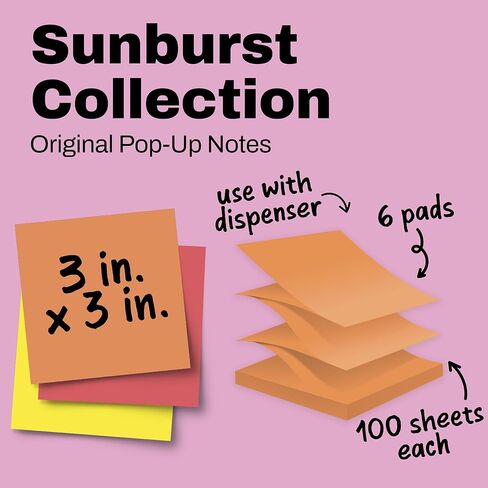 Post-it Dispenser Pop-Up Sticky Notes, 6 Sticky Notes Pads, 3 x 3 in., School Supplies and Oﬃce Supplies, Use with Post-it Note Dispensers, Sunburst Collection in Kuwait