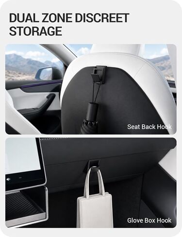 BASENOR Hidden Foldable Hook for 2025-2026 Tesla Model Y Juniper & 2024-2026 Model 3 Highland, 2-Pack Seat Back & Glove Box Hanger, Snap-in Rattle-Free Car Storage for Bags & Purses in Kuwait