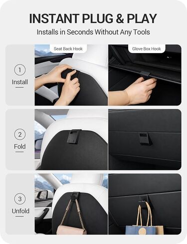 BASENOR Hidden Foldable Hook for 2025-2026 Tesla Model Y Juniper & 2024-2026 Model 3 Highland, 2-Pack Seat Back & Glove Box Hanger, Snap-in Rattle-Free Car Storage for Bags & Purses in Kuwait