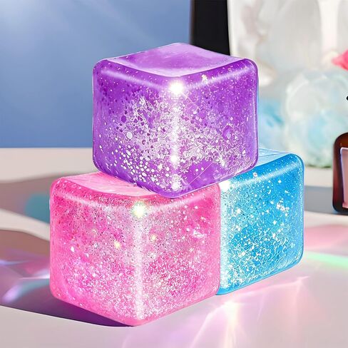 Glitter Square Squishy Cube - Slow Rise Stress Cubes for Adults, Ice Cube Squishy Fidget Toys for Kids Malt Sugar Stress Balls for Anxiety Relief(Blue/Pink/Purple) in Saudi Arabia