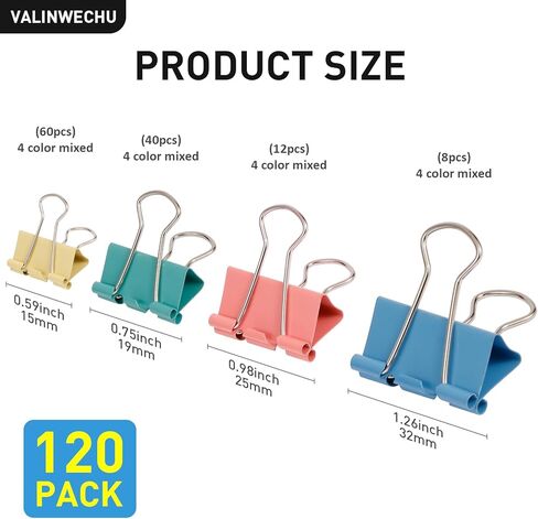 Colored Binder Clips Assorted Sizes, 120 PCS Large Medium Small Mini Paper Clamps, 4 Sizes (1.26"/0.98"/0.75"/0.59") with Storage Case, Office Supplies Clips for Home School Office in Kuwait