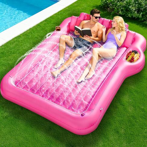 83" x 63" Extra Large Inflatable Tanning Pool Lounger Float with Sprinkler,2-Person Pool Floats Adult with Pillow Cooler Tray, 6 in 1 Blow Up Tanning Bed for Summer Beach Pool Party(Extra Large/Pink) in Kuwait