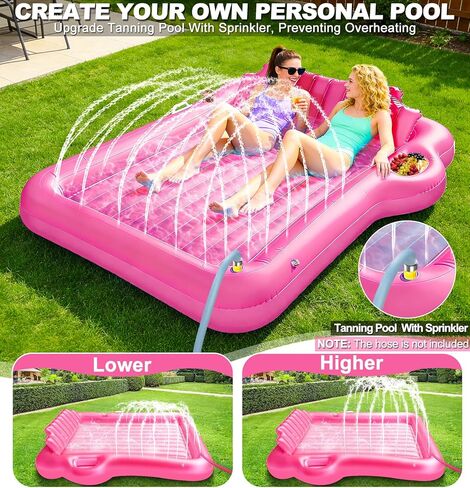 83" x 63" Extra Large Inflatable Tanning Pool Lounger Float with Sprinkler,2-Person Pool Floats Adult with Pillow Cooler Tray, 6 in 1 Blow Up Tanning Bed for Summer Beach Pool Party(Extra Large/Pink) in Kuwait