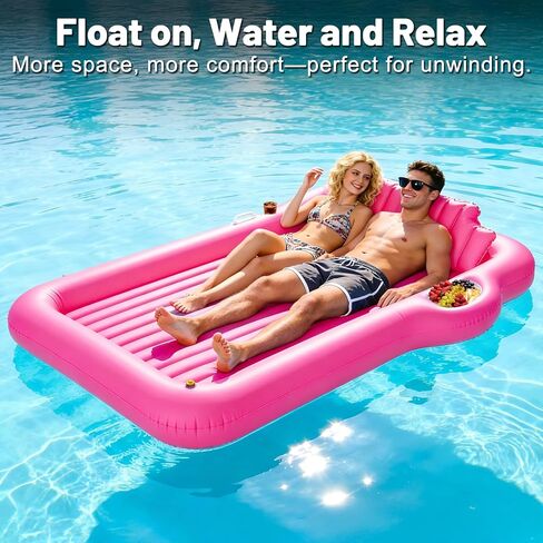 83" x 63" Extra Large Inflatable Tanning Pool Lounger Float with Sprinkler,2-Person Pool Floats Adult with Pillow Cooler Tray, 6 in 1 Blow Up Tanning Bed for Summer Beach Pool Party(Extra Large/Pink) in Kuwait