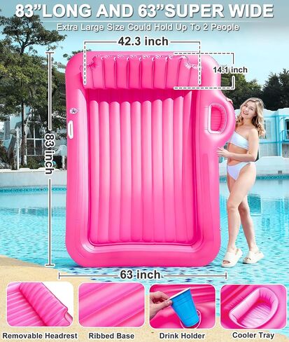 83" x 63" Extra Large Inflatable Tanning Pool Lounger Float with Sprinkler,2-Person Pool Floats Adult with Pillow Cooler Tray, 6 in 1 Blow Up Tanning Bed for Summer Beach Pool Party(Extra Large/Pink) in Kuwait