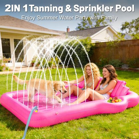 83" x 63" Extra Large Inflatable Tanning Pool Lounger Float with Sprinkler,2-Person Pool Floats Adult with Pillow Cooler Tray, 6 in 1 Blow Up Tanning Bed for Summer Beach Pool Party(Extra Large/Pink) in Kuwait