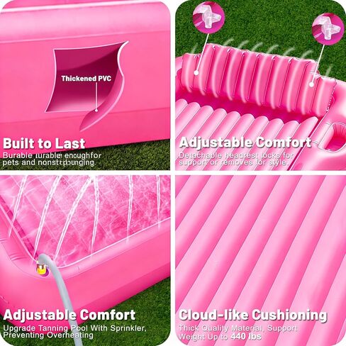 83" x 63" Extra Large Inflatable Tanning Pool Lounger Float with Sprinkler,2-Person Pool Floats Adult with Pillow Cooler Tray, 6 in 1 Blow Up Tanning Bed for Summer Beach Pool Party(Extra Large/Pink) in Kuwait