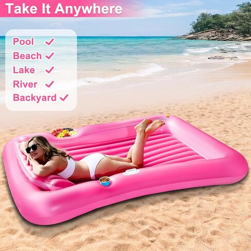 83" x 63" Extra Large Inflatable Tanning Pool Lounger Float with Sprinkler,2-Person Pool Floats Adult with Pillow Cooler Tray, 6 in 1 Blow Up Tanning Bed for Summer Beach Pool Party(Extra Large/Pink) in Kuwait