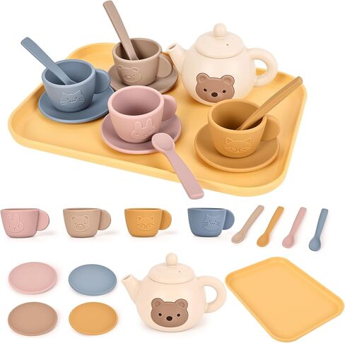 Tea Party Set for Little Girls Boys, Silicone Tea Set Toys with Teapot Cups Coasters Spoon Tray, Kitchen Accessories Pretend Play Learn & Discover Playset for Toddler in Saudi Arabia