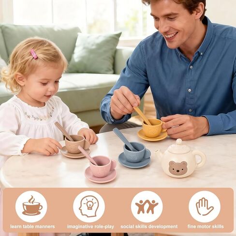 Tea Party Set for Little Girls Boys, Silicone Tea Set Toys with Teapot Cups Coasters Spoon Tray, Kitchen Accessories Pretend Play Learn & Discover Playset for Toddler in Saudi Arabia