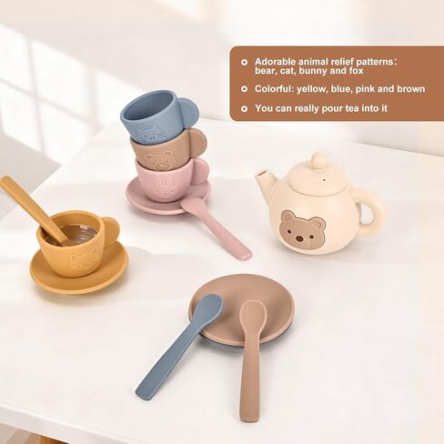 Tea Party Set for Little Girls Boys, Silicone Tea Set Toys with Teapot Cups Coasters Spoon Tray, Kitchen Accessories Pretend Play Learn & Discover Playset for Toddler in Saudi Arabia