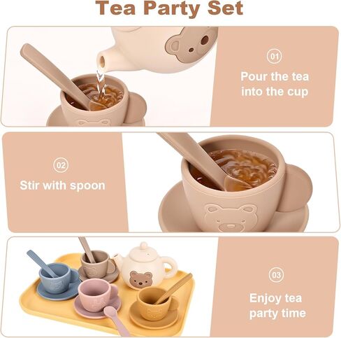 Tea Party Set for Little Girls Boys, Silicone Tea Set Toys with Teapot Cups Coasters Spoon Tray, Kitchen Accessories Pretend Play Learn & Discover Playset for Toddler in Saudi Arabia