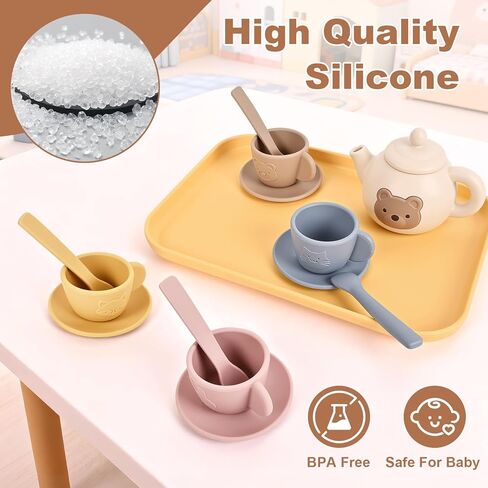 Tea Party Set for Little Girls Boys, Silicone Tea Set Toys with Teapot Cups Coasters Spoon Tray, Kitchen Accessories Pretend Play Learn & Discover Playset for Toddler in Saudi Arabia