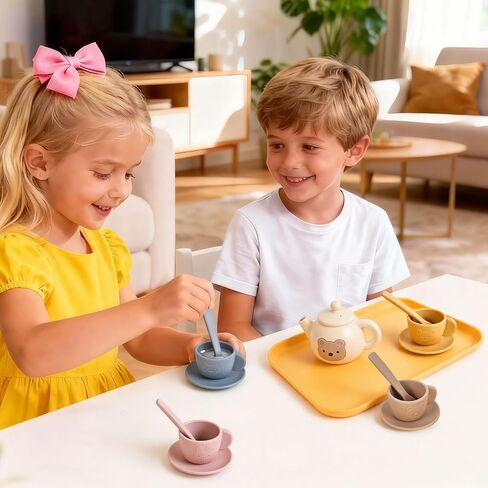 Tea Party Set for Little Girls Boys, Silicone Tea Set Toys with Teapot Cups Coasters Spoon Tray, Kitchen Accessories Pretend Play Learn & Discover Playset for Toddler in Saudi Arabia