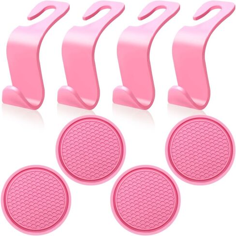 8 pcs Pink Car Seat Accessories Set, 4 Car Seat Hooks and 4 Cup Coasters, Passenger Princess Car Accessories, Pink Accessories, for Car Interiors, Coasters and Seat Hooks in Kuwait