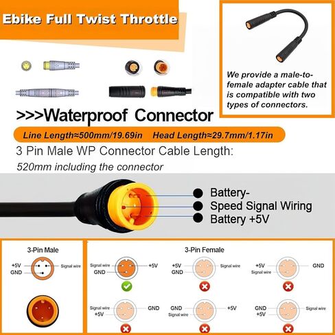 Full Twist Throttle for Macfox, 12V-72V Waterproof Quick Twist 3 Pin Ebike Throttle, Protecting for HappyRun Freego Heybike Electric Dirt Bike Scooter in Saudi Arabia