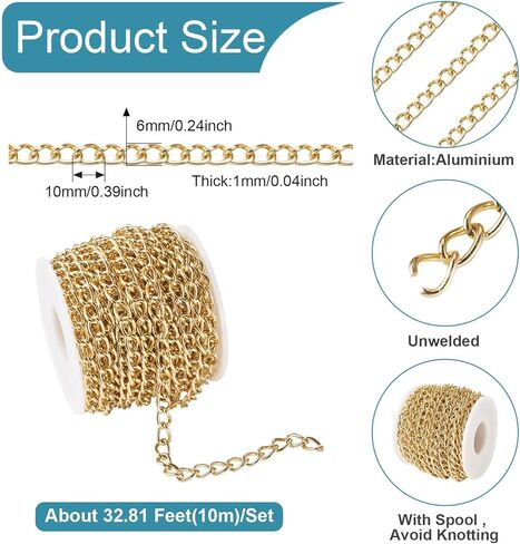 Beadthoven 32.8ft Aluminium Curb Chain Roll 6mm Wide Gold Plated Aluminum Jewelry Chains DIY Necklace Chain Metal Craft Chain Twisted Oval Link Chains with Spool for Jewelry Making Findings in Kuwait