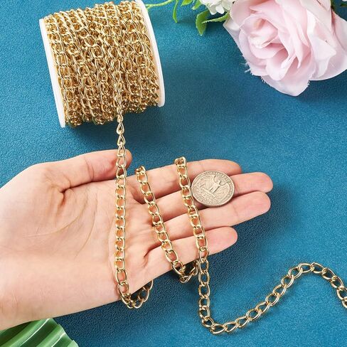Beadthoven 32.8ft Aluminium Curb Chain Roll 6mm Wide Gold Plated Aluminum Jewelry Chains DIY Necklace Chain Metal Craft Chain Twisted Oval Link Chains with Spool for Jewelry Making Findings in Kuwait