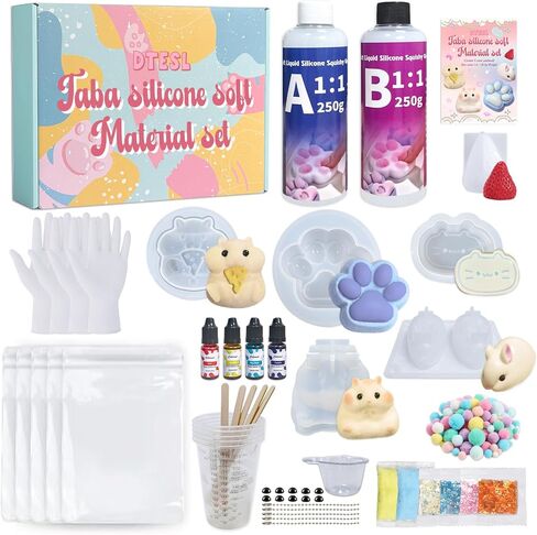 DTESL DIY Taba Squishy Making Kit 18OZ 1:1 AB Liquid Silicone with 6 Molds Cheese Hamster/Sitting Hamster/Mold Cat Claw/Rabbit/Cat/Strawberry Color Paste, Flocking Powder,Gifts Party Favors in Saudi Arabia